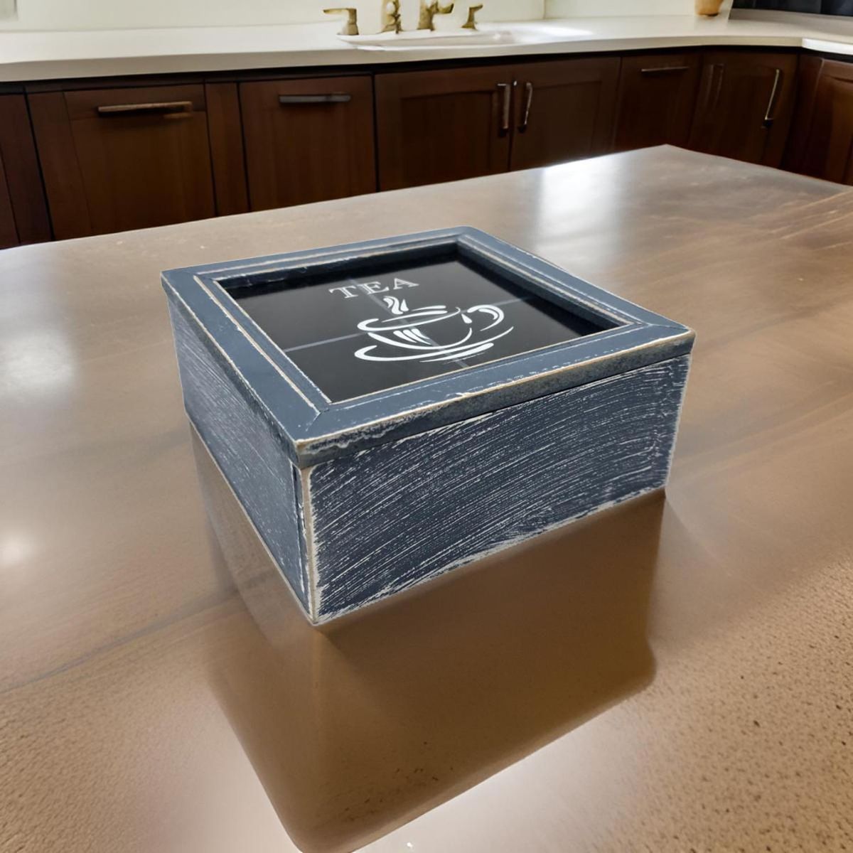 GENERICO - Caja De Te 4 Divisiones Tapa Diseño Tea Caja Para El Te Azul