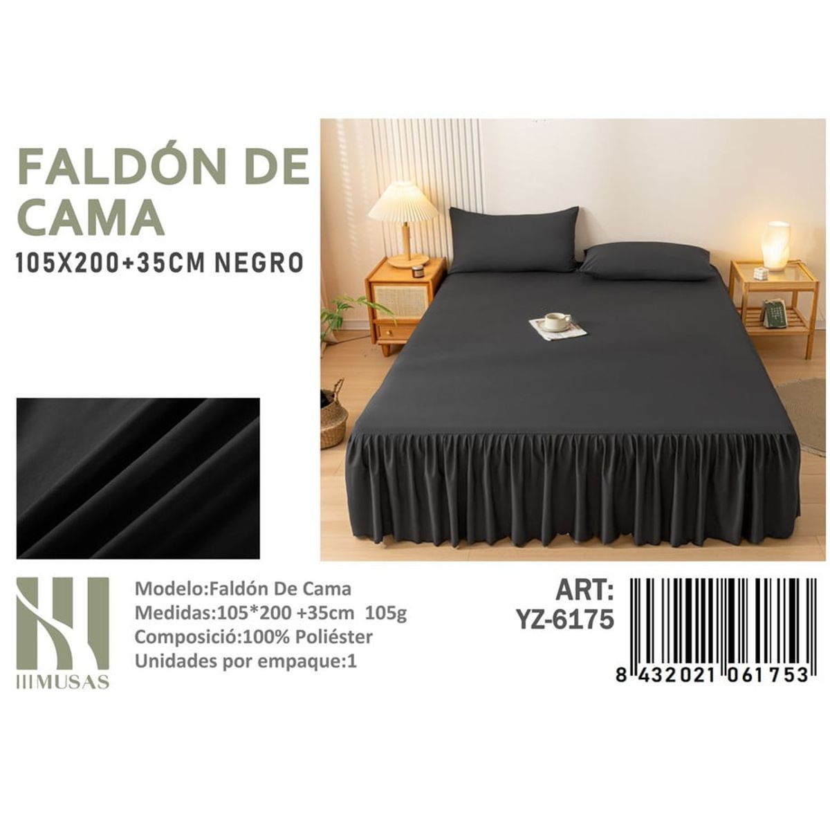 ANGELES DEL HOGAR - Faldon de Cama Plaza y Media III Musas Color  Negro YZ6175