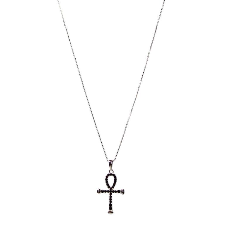 Collar Cruz Ankh Circon Negro Plata Fina 925 Plateado TALLA UNICA