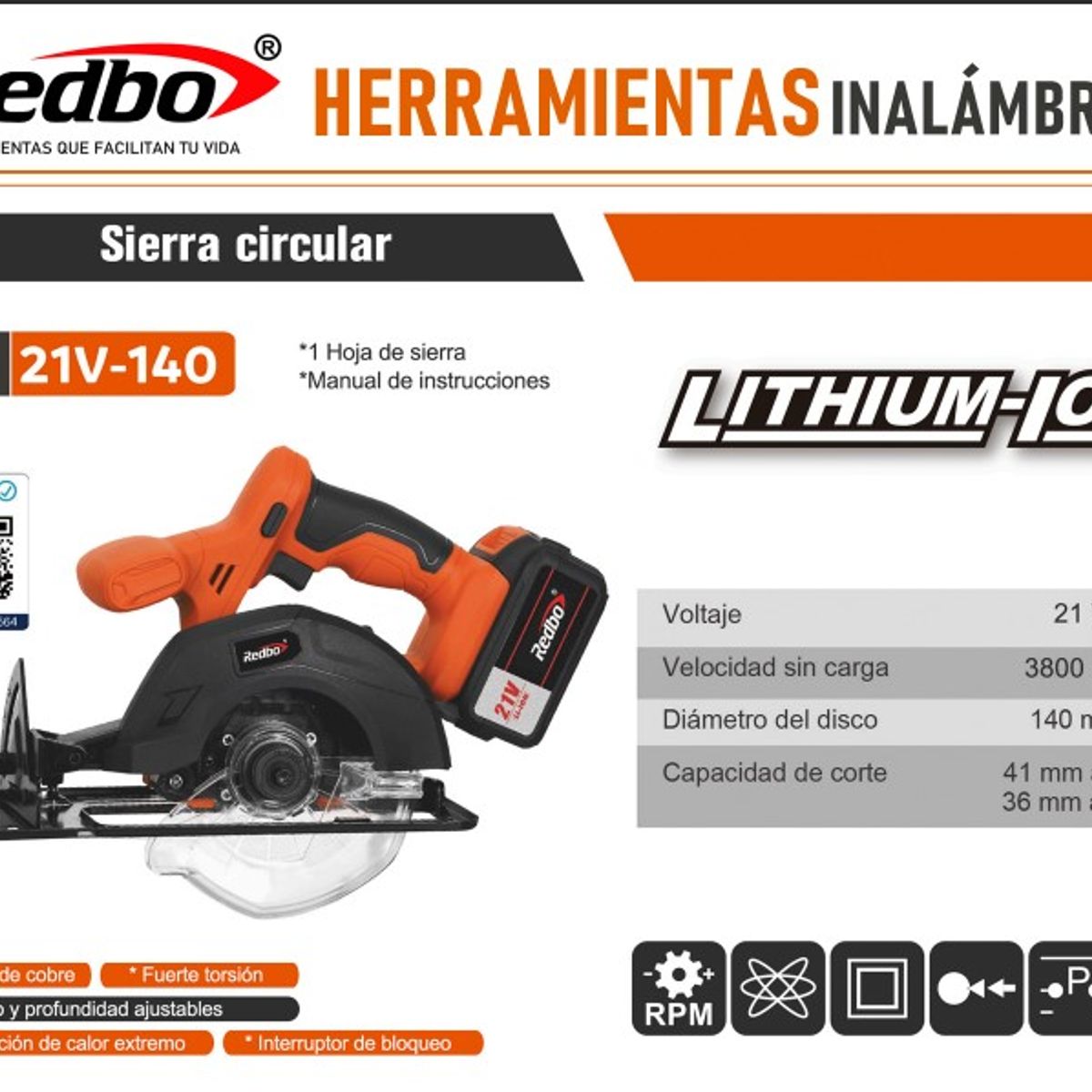 REDBO - Sierra Circular Inalámbrica Redbo CS 21V-140 21V (Solo Herramienta - Sin Batería)