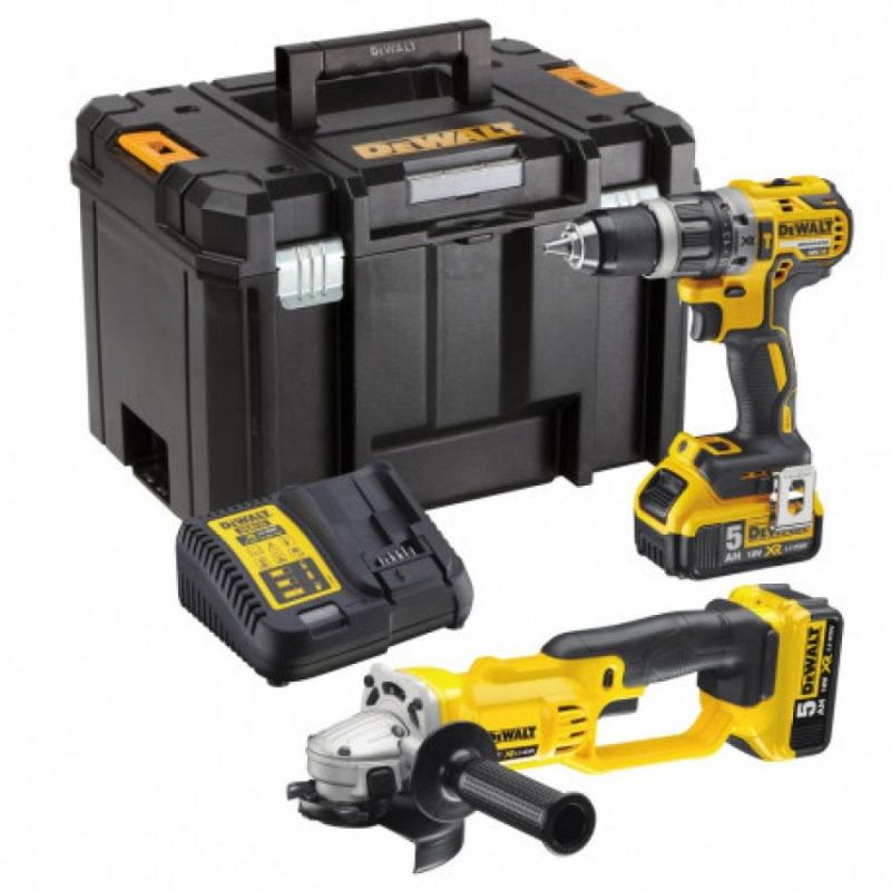 DEWALT - PACK DEWALT 20V TALADRO PERCUTOR DCD796 SIN CARBONES, ESMERIL ANGULAR DCG412 INCLUYE 2 BATERIAS 5.0AH, CARGADOR Y MALETA STORAGE T-STAK