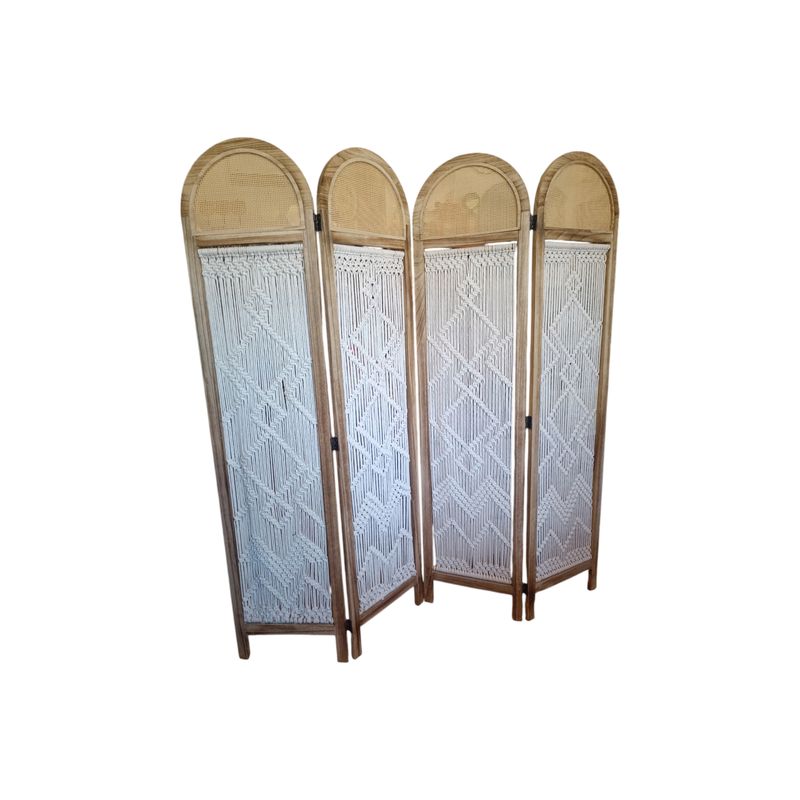 GENERICO - BIOMBO DE MADERA  Y MACRAME 4 CUERPOS COLOR BLANCO