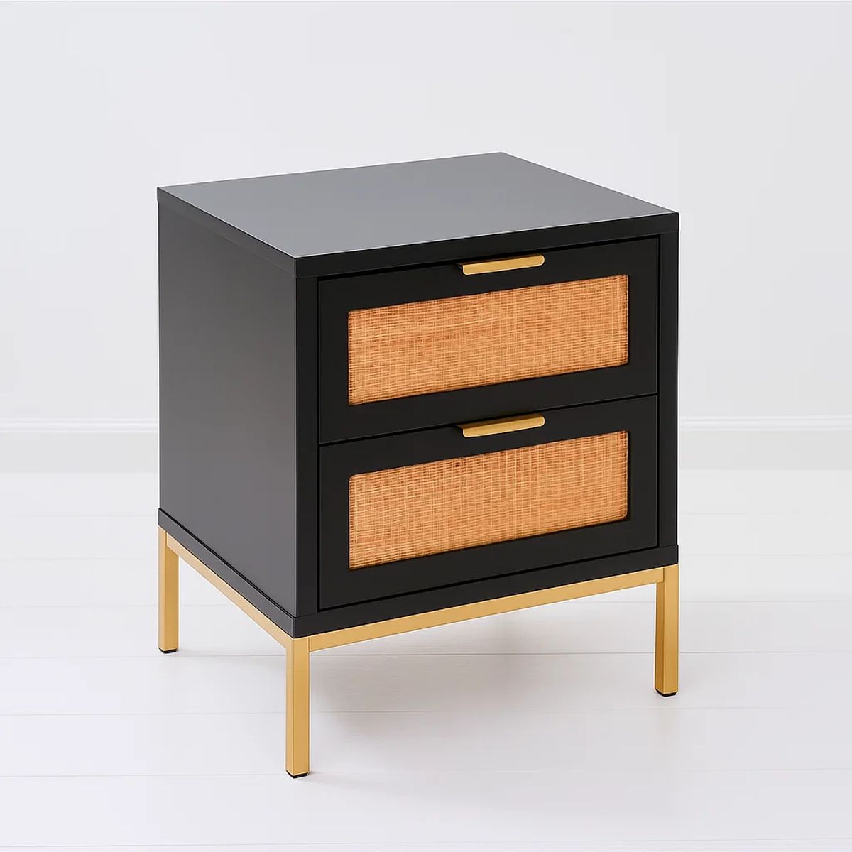 KLIK - Velador Dos Cajones Rattan Dark Negro Madera Patas Metal