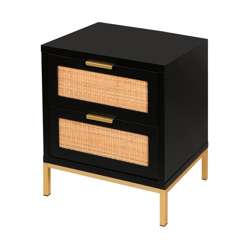KLIK - Velador Dos Cajones Rattan Dark Negro Madera Patas Metal