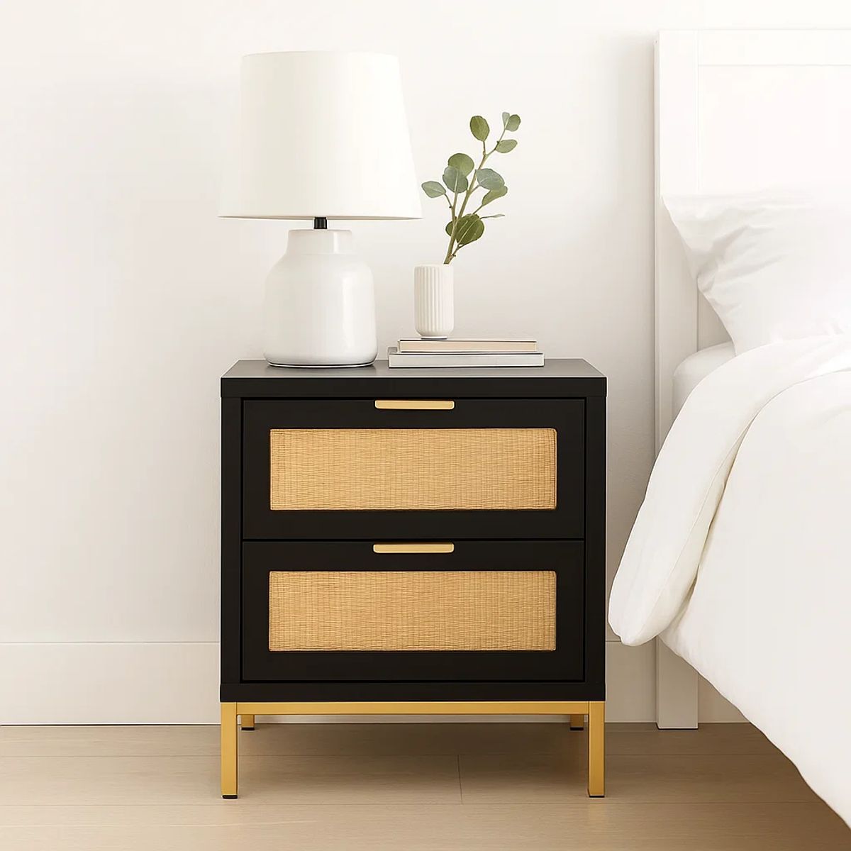 KLIK - Velador Dos Cajones Rattan Dark Negro Madera Patas Metal