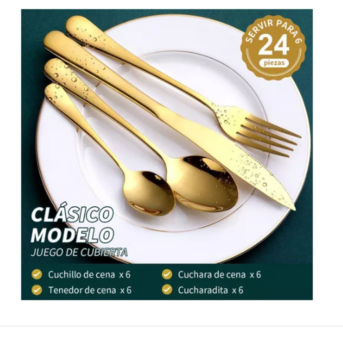 GENERICO - Juego De Cuchilleria 24 Piezas Cubiertos Dorados Completo