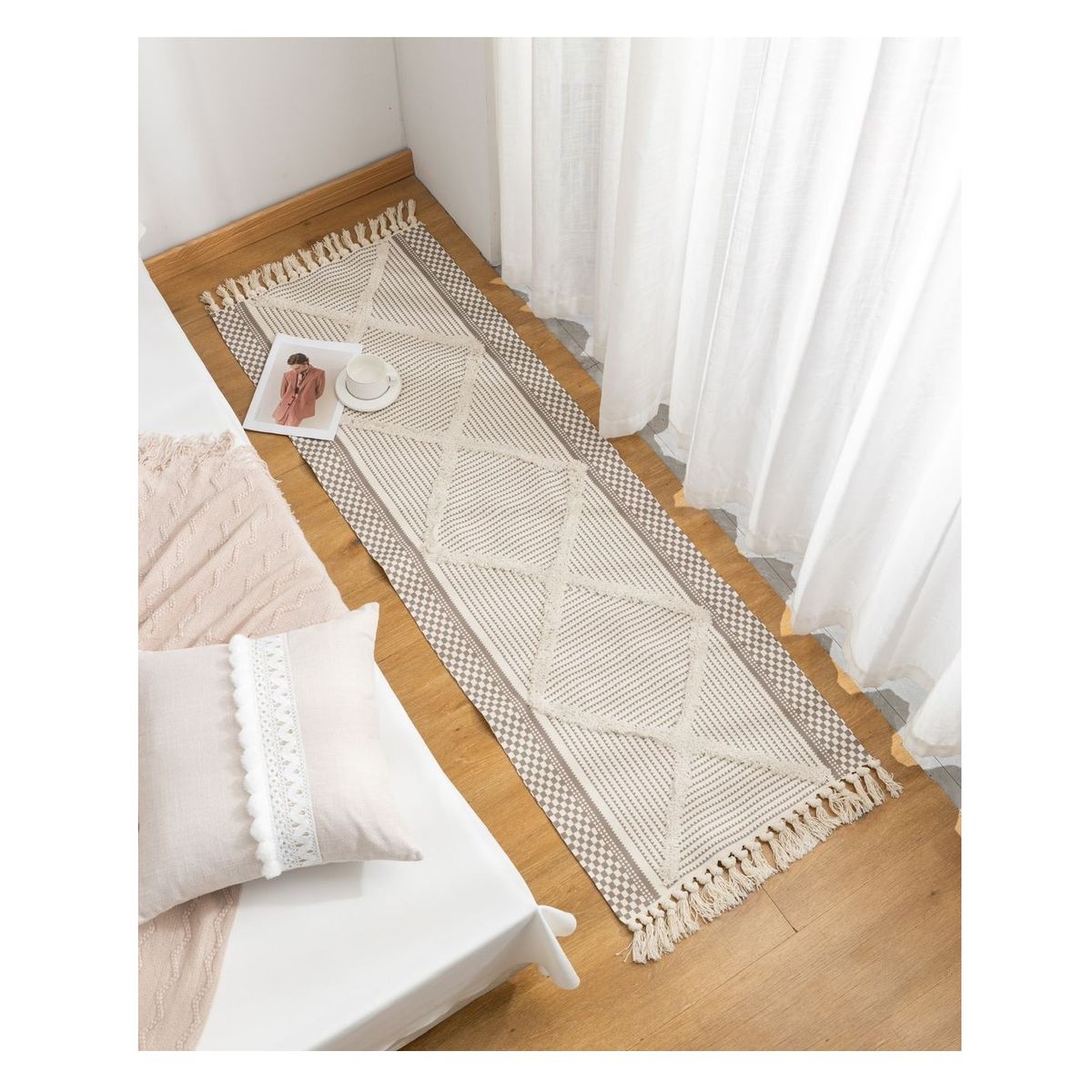 COMPRAPO - Bajada de Cama o Piecera Kelim Estilo Boho Crudo y Café 190x60 Cm