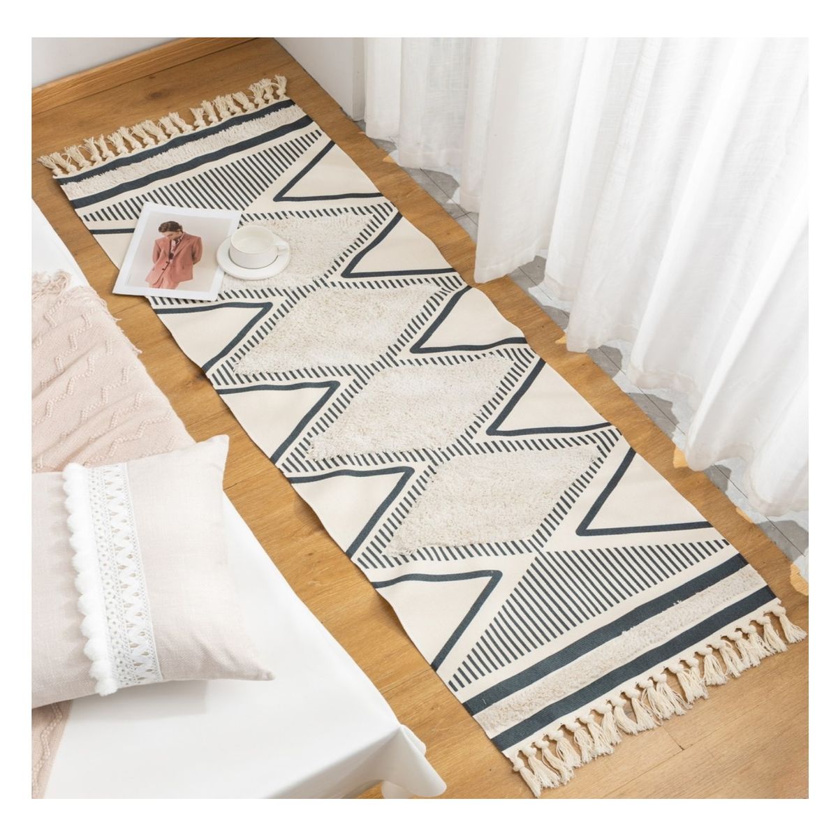 COMPRAPO - Bajada de Cama o Piecera Kelim Estilo Boho Crudo y Marengo 190x60 cm
