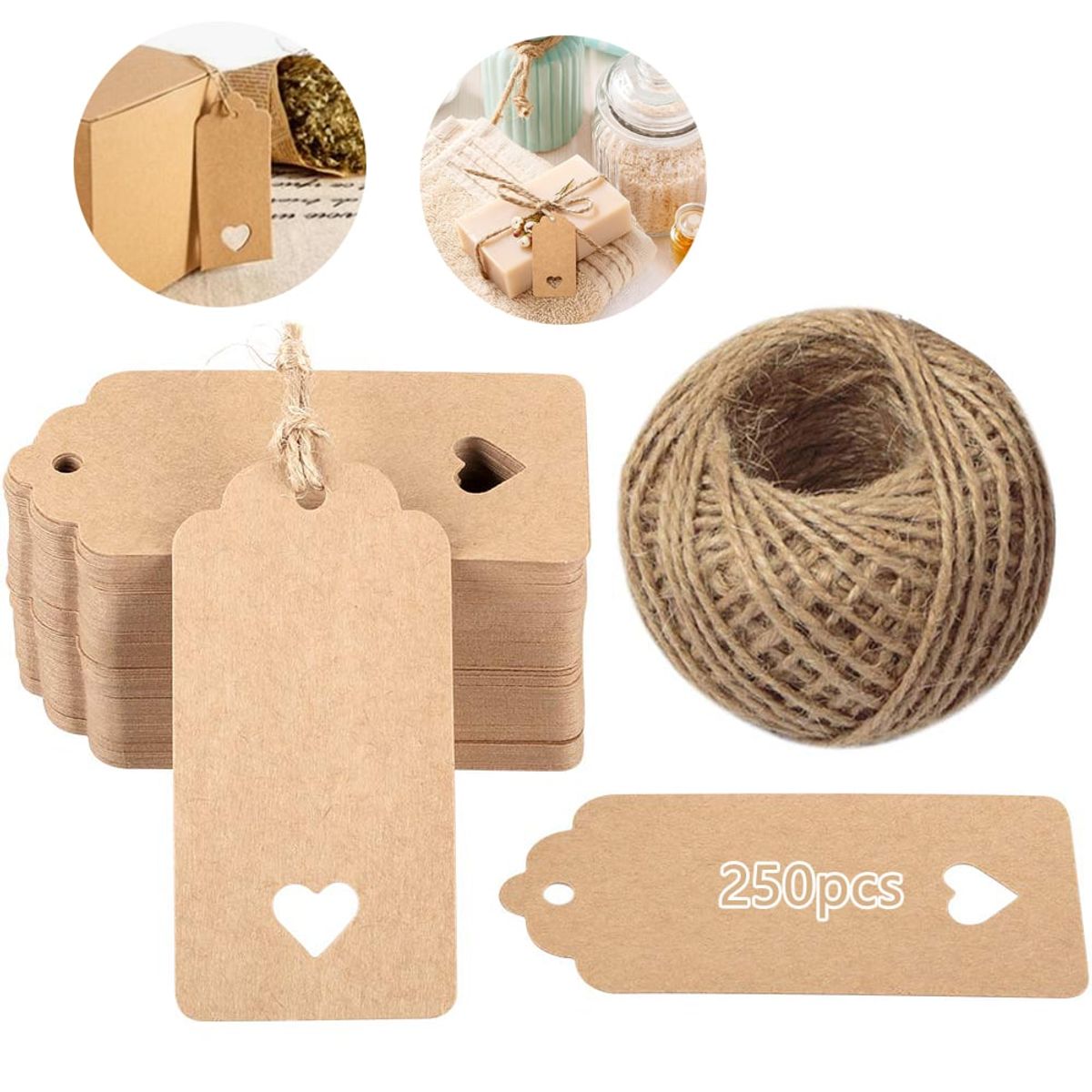 KUANGYE - 250 Etiquetas Papel Kraft Con Amarras, Etiquetas De Regalo