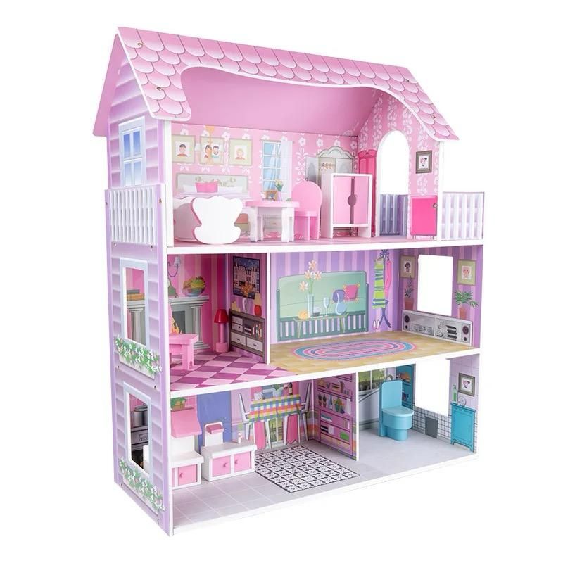 ACTUAL - Casa de Muñecas De Madera Rosada Con Accesorios 70x60x24 cm