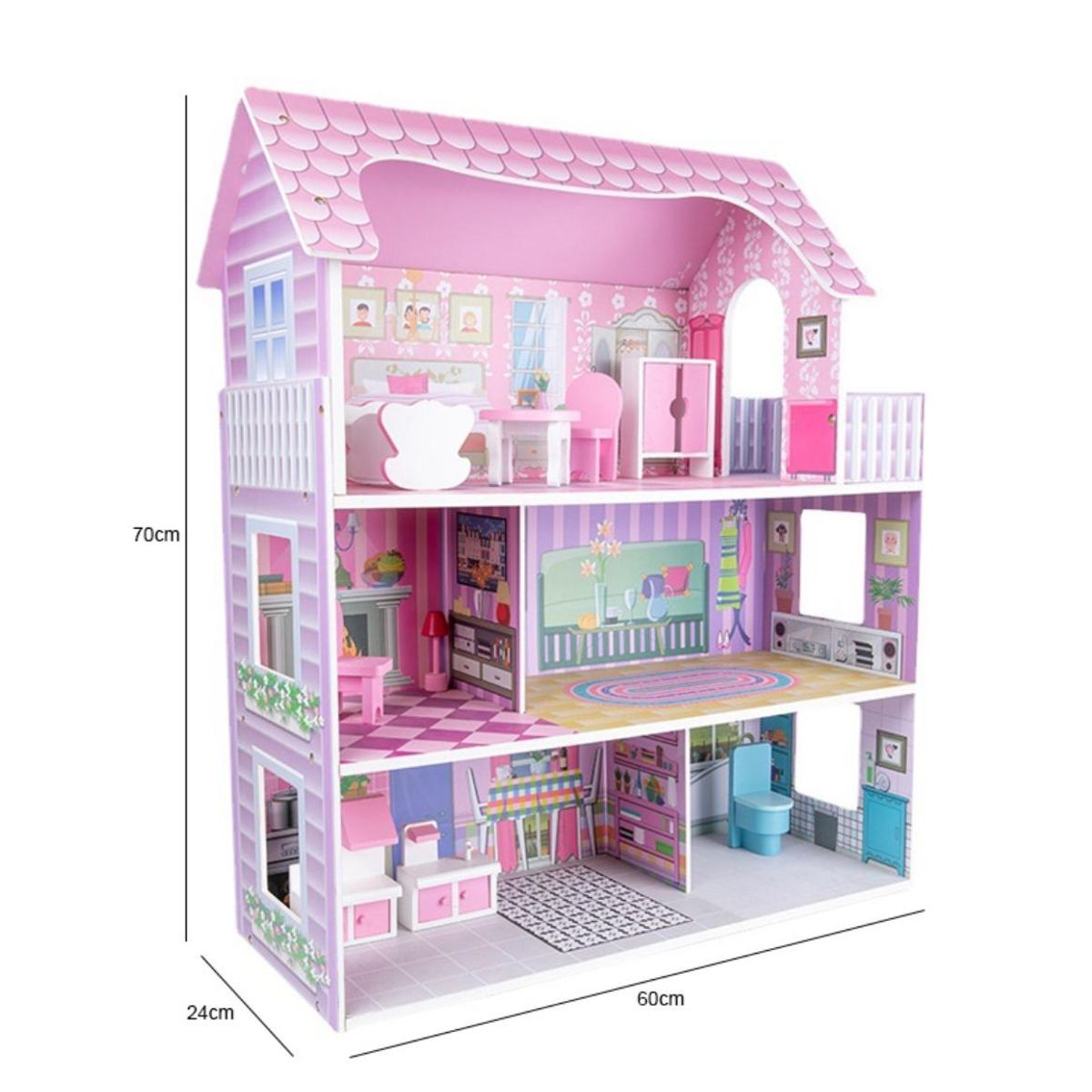 ACTUAL - Casa de Muñecas De Madera Rosada Con Accesorios 70x60x24 cm