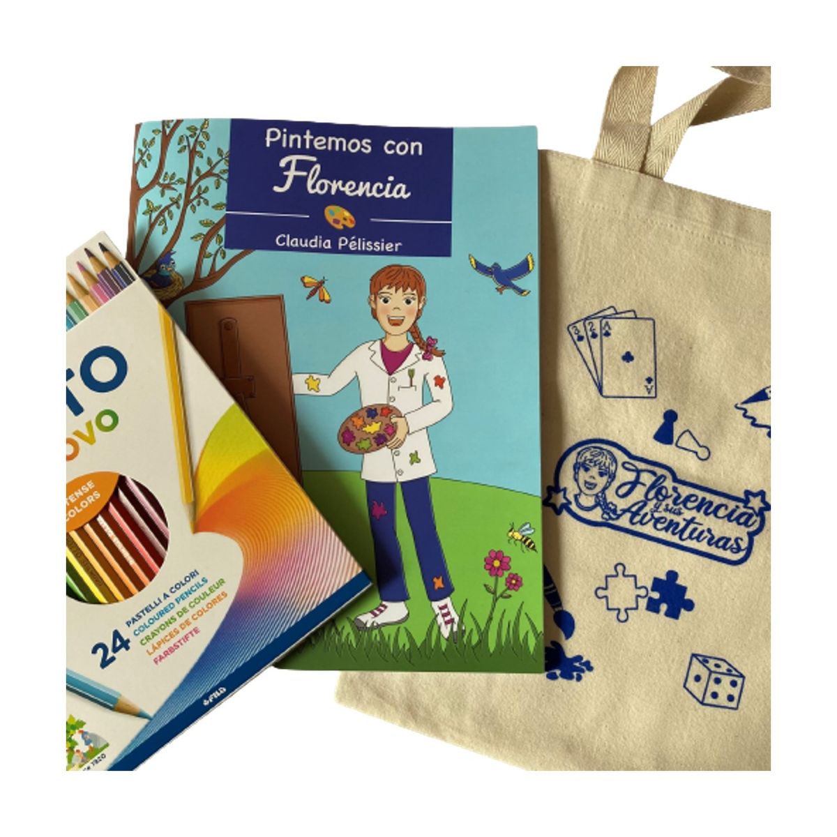 FLORENCIA Y SUS AVENTURAS - Pack Libro Pintemos con Florencia con lápices Giotto y bolsito