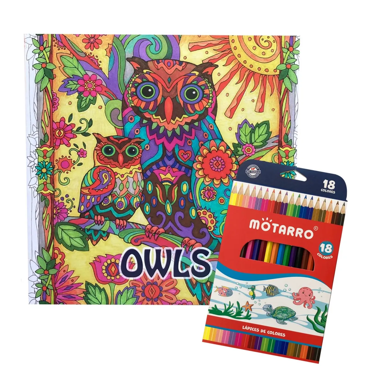GENERICO - Libro para colorear mandalas Búhos + 18 lápices de colores