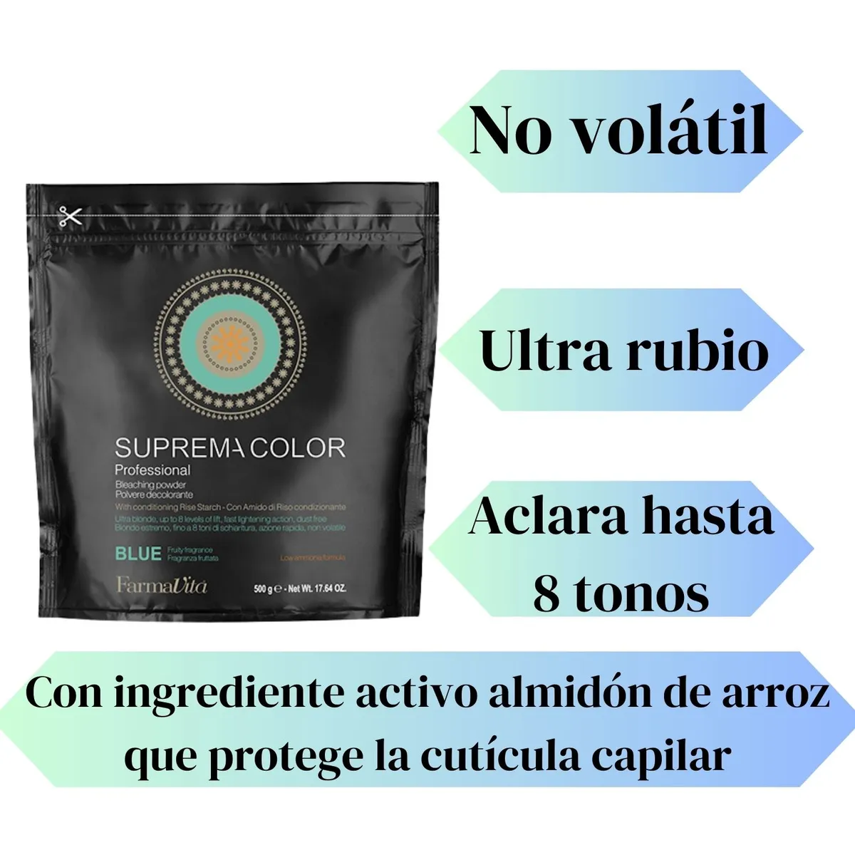 FARMAVITA - Decolorante Color Suprema Polvo 500Gr Aclara hasta 8 tonos