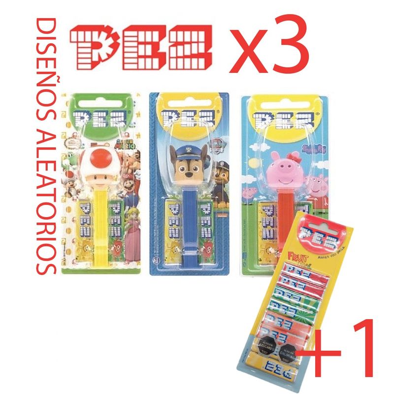 PEZ - PACK x3 Dispensadores PEZ con 1 RECARGA CARAMELOS SIN AZUCAR