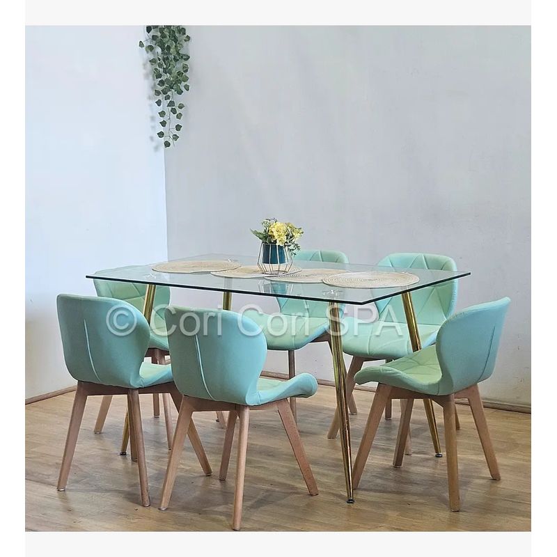 CORI CORI - Comedor Rubi Gold 130x80cms  + 6 Sillas Mariposa Wood  Menta
