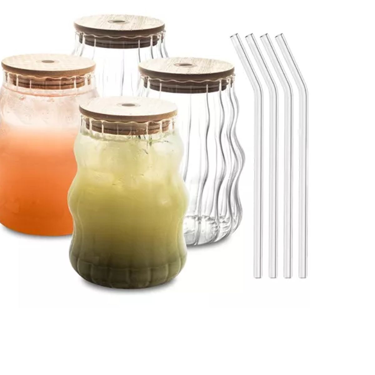 GENERICO - 4 Vasos Creativos Modernos Tapa Bambú Con Bombilla 540ml