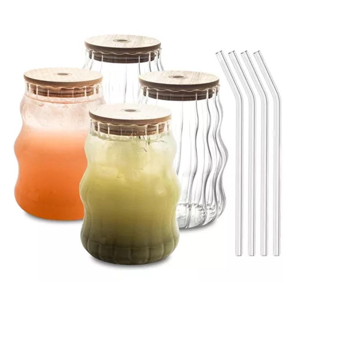 GENERICO - 4 Vasos Creativos Modernos Tapa Bambú Con Bombilla 540ml