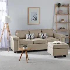 MUEBLES COTTONI - Sofá 3 cuerpos Sicilia + 1 Pouf Tela Beige