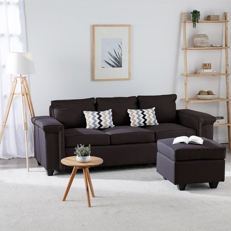 MUEBLES COTTONI - Sofá 3 cuerpos Sicilia + 1 Pouf Tela Chocolate