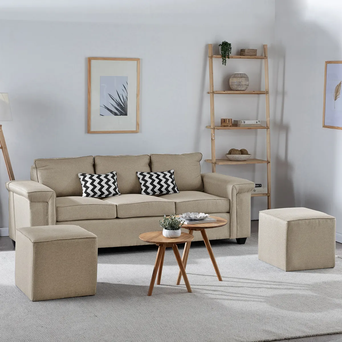 MUEBLES COTTONI - Sofá 3 cuerpos Sicilia + 2 Pouf Tela