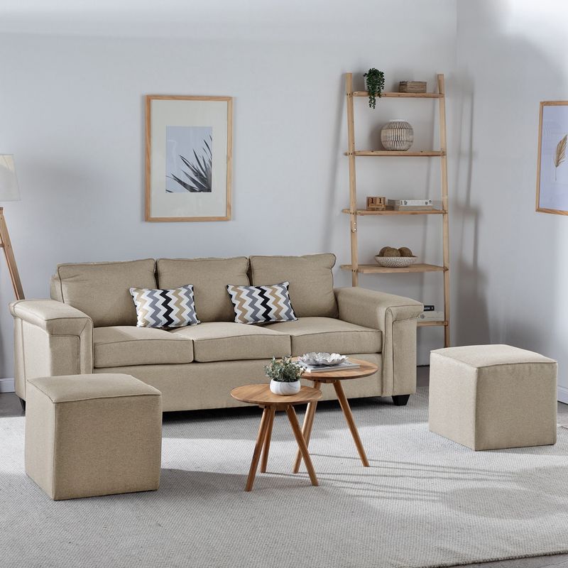 MUEBLES COTTONI - Sofá 3 cuerpos Sicilia + 2 Pouf Tela Beige
