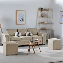 GENERICO - Sofá 3 cuerpos Sicilia + 2 Pouf Tela Beige