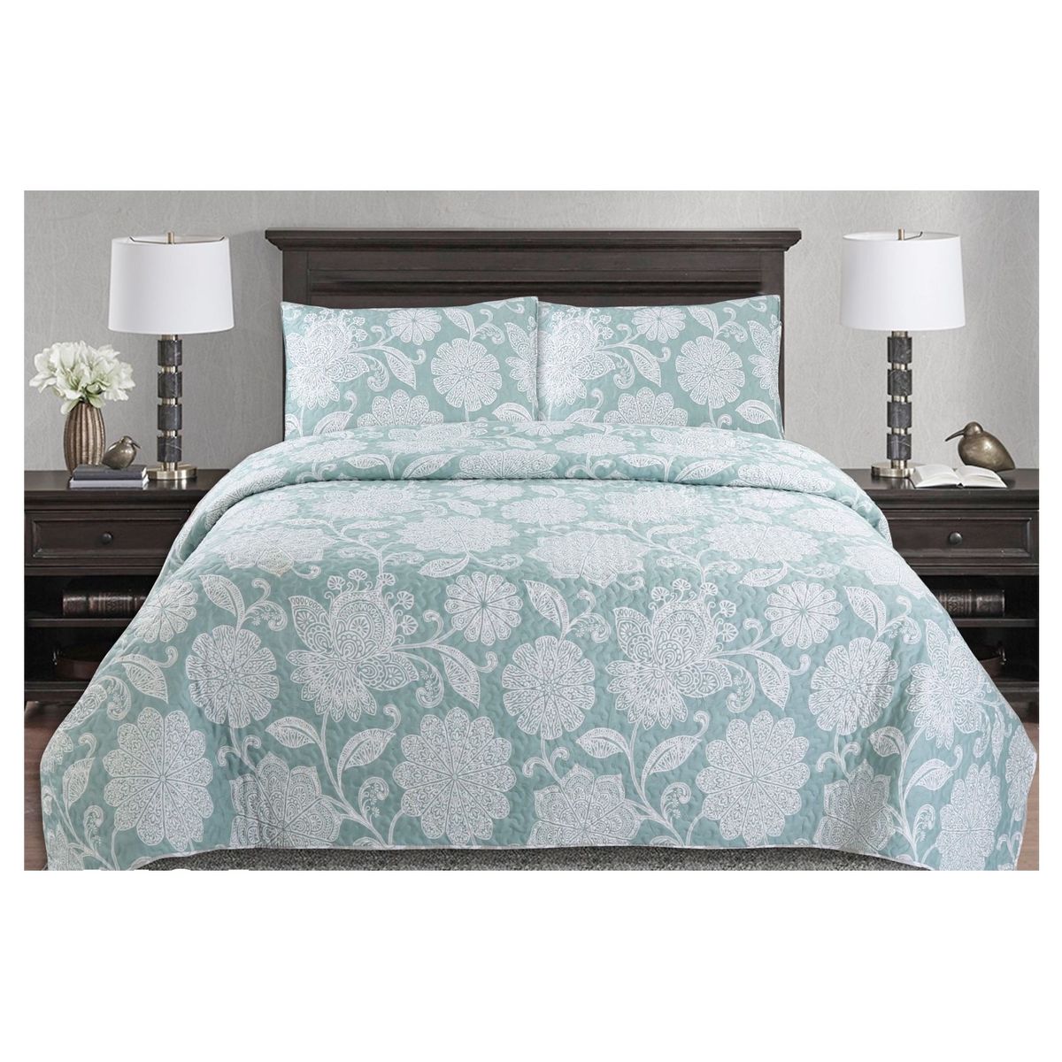COMPRAPO - Cubrecama Quilt Liviano 1,5 Plazas Mandala Menta + 2 Fundas 50x70 Cm