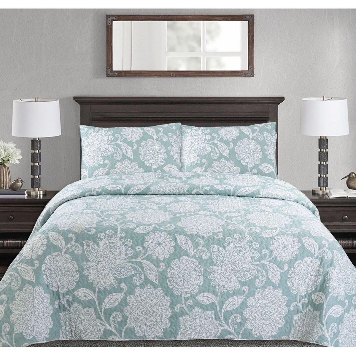 COMPRAPO - Cubrecama Quilt Liviano 1,5 Plazas Mandala Menta + 2 Fundas 50x70 Cm