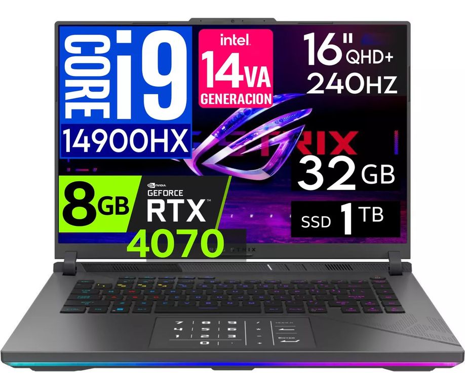 Notebook Rog Strix G16 Qhd 2.5K 240hz I9 14900hx 24 CORES SSD 1TB 32GB DDR5 NVIDIA Rtx 4070 8GB