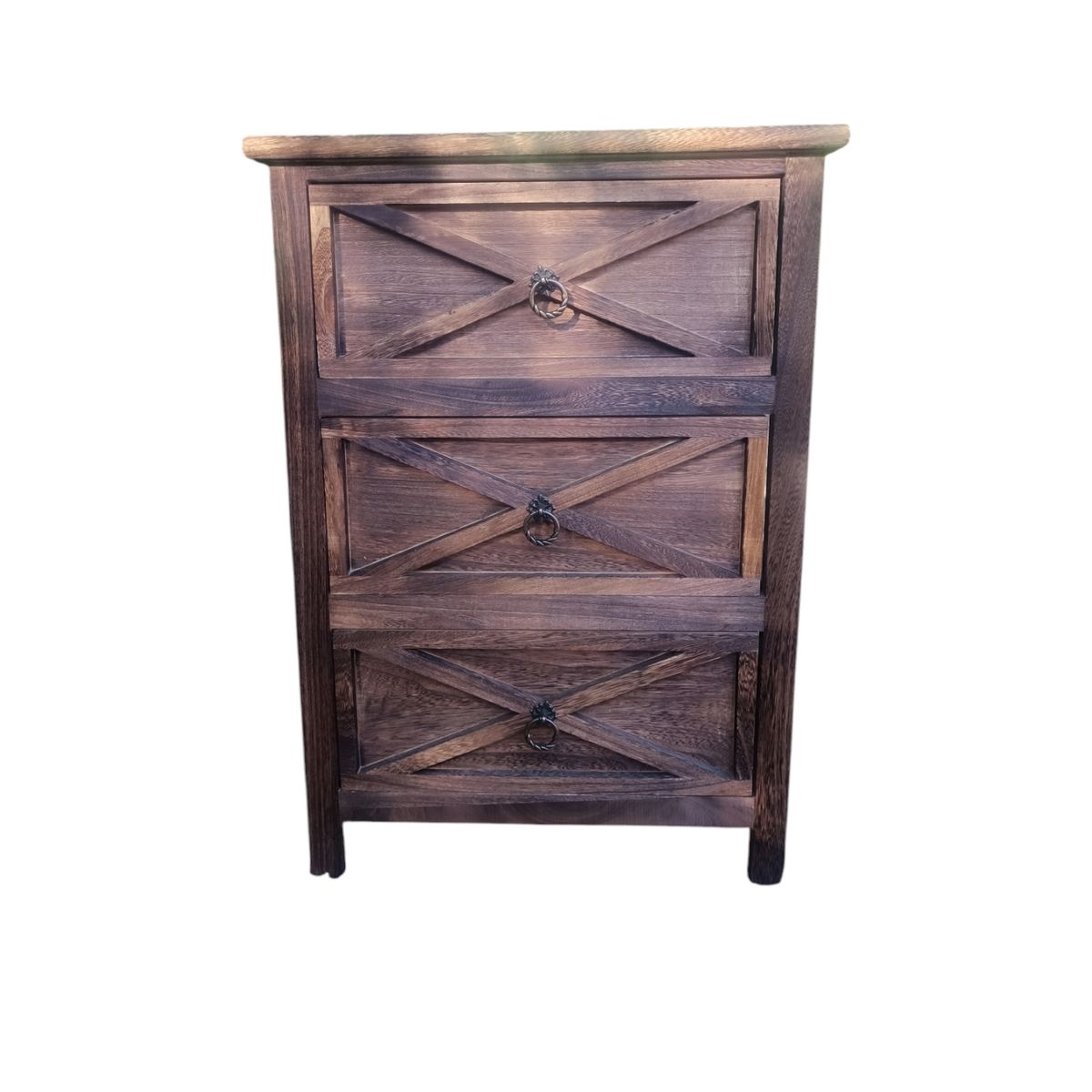 GENERICO - VELADOR MADERA CAFE 3 CAJONES CON TIRADOR FIERRO FORJADO