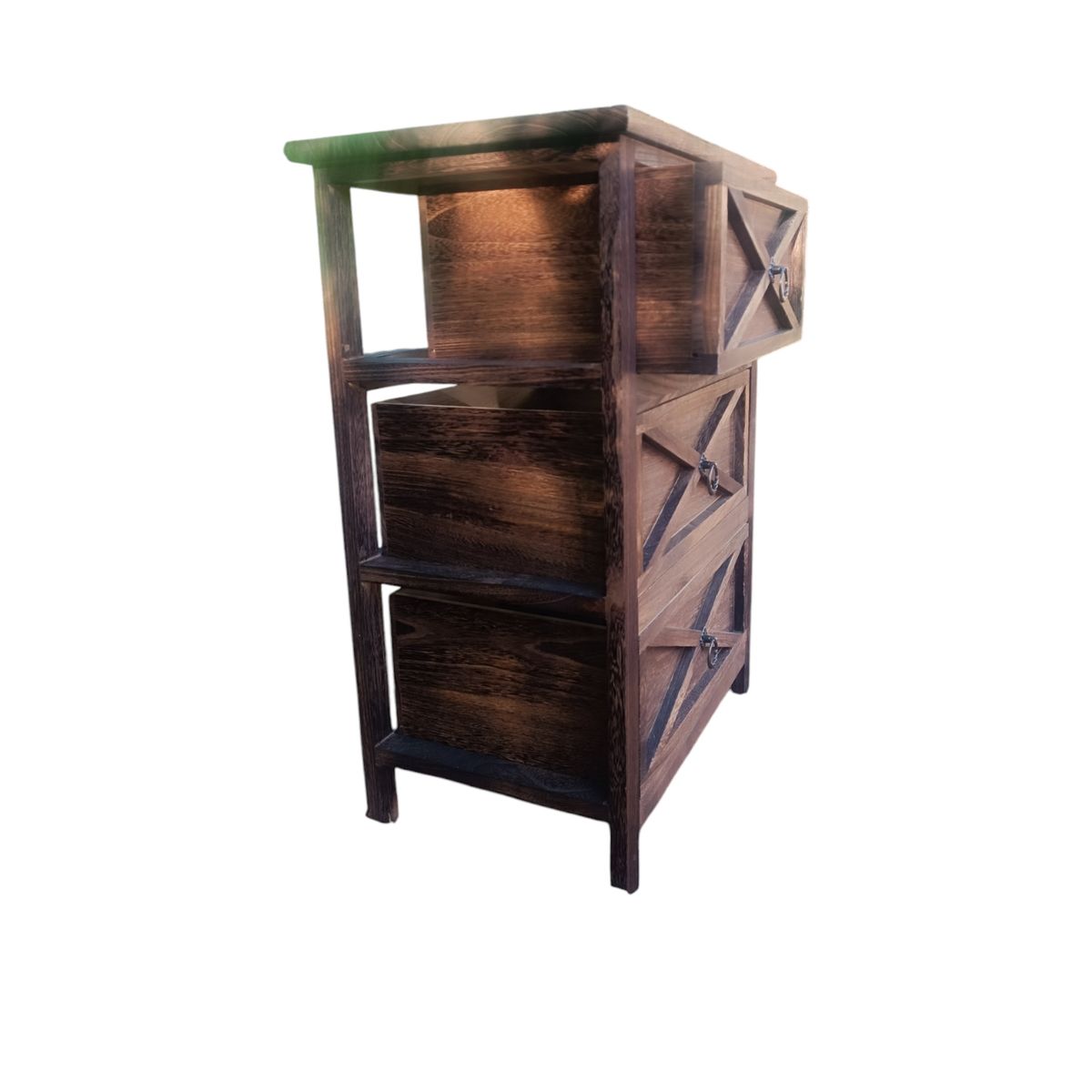 GENERICO - VELADOR MADERA CAFE 3 CAJONES CON TIRADOR FIERRO FORJADO