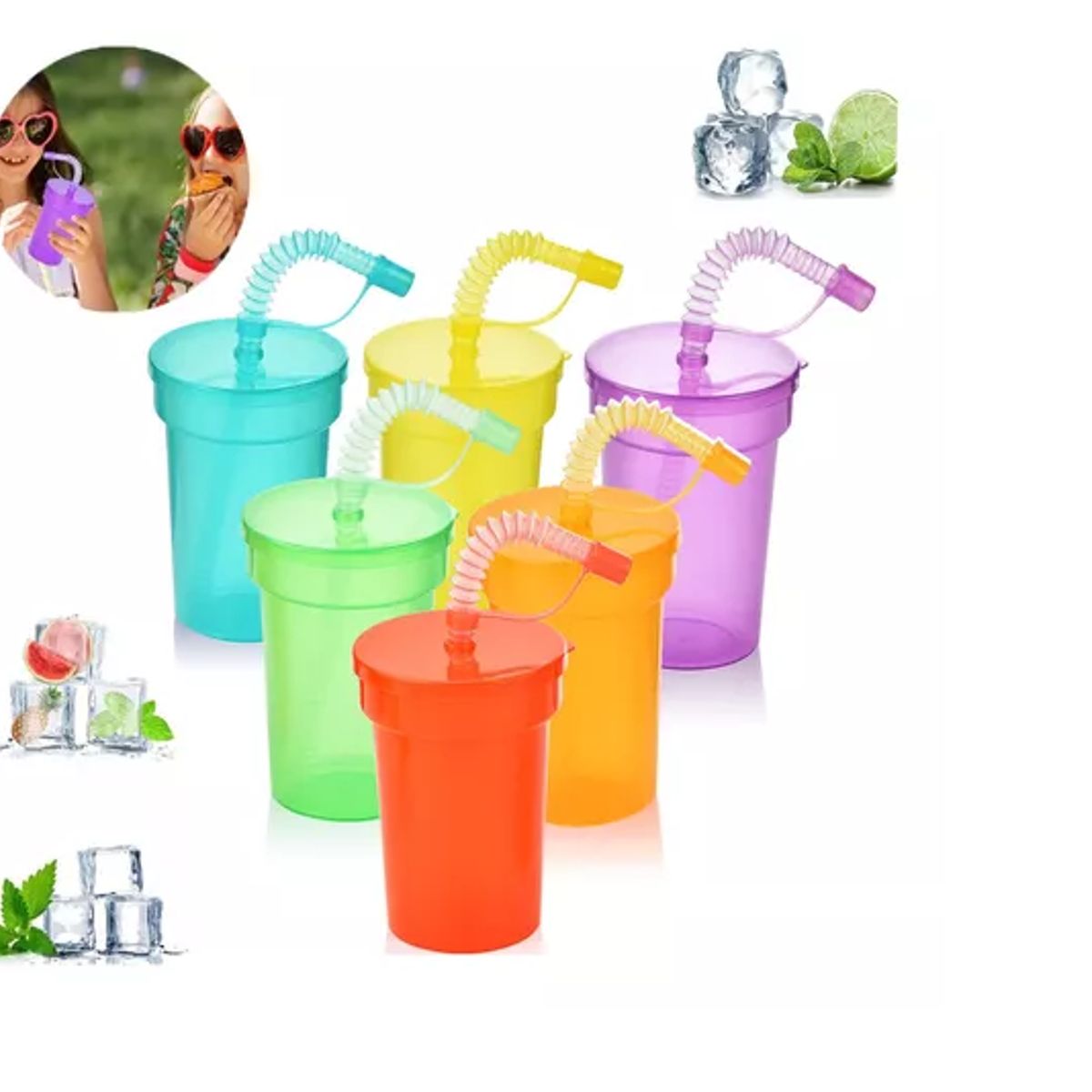 GENERICO - Tapa Con Vasos Y Popote Tazas Copas De Color 6pcs