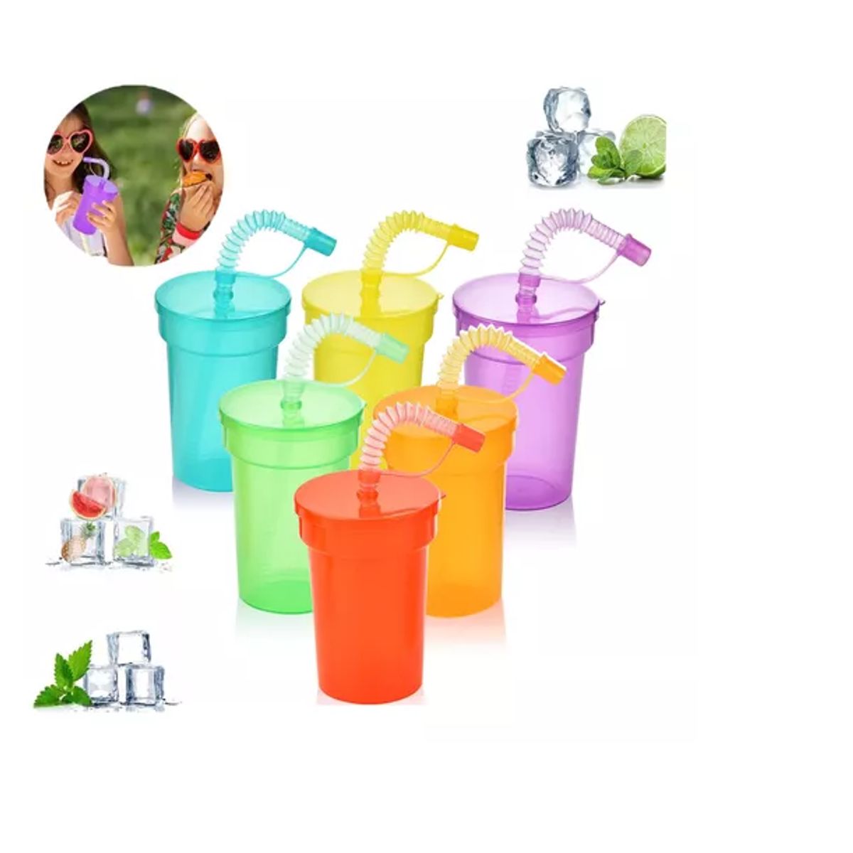 GENERICO - Tapa Con Vasos Y Popote Tazas Copas De Color 6pcs