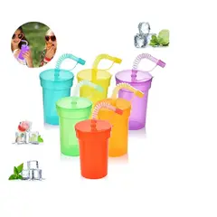 GENERICO - Tapa Con Vasos Y Popote Tazas Copas De Color 6pcs