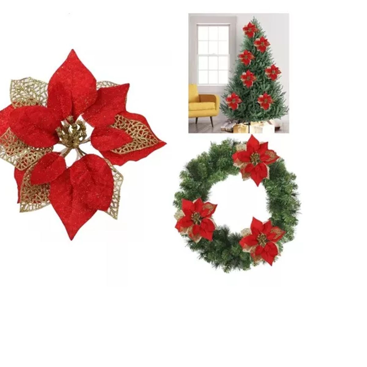 GENERICO - Pack 12 Flores Artificiales Decoración Navidad