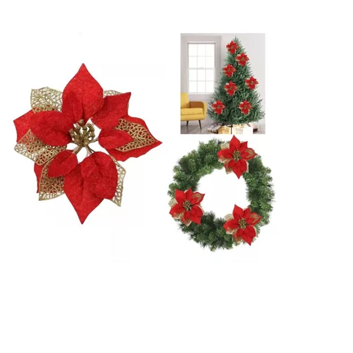 GENERICO - Pack 12 Flores Artificiales Decoración Navidad