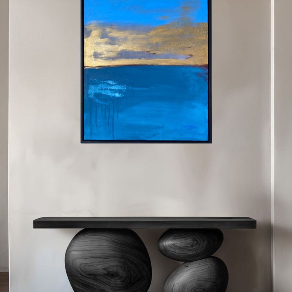 GENERICO - Cuadro Decorativo Paisaje Abstracto Azul y Dorado Moderno 90x70 cm