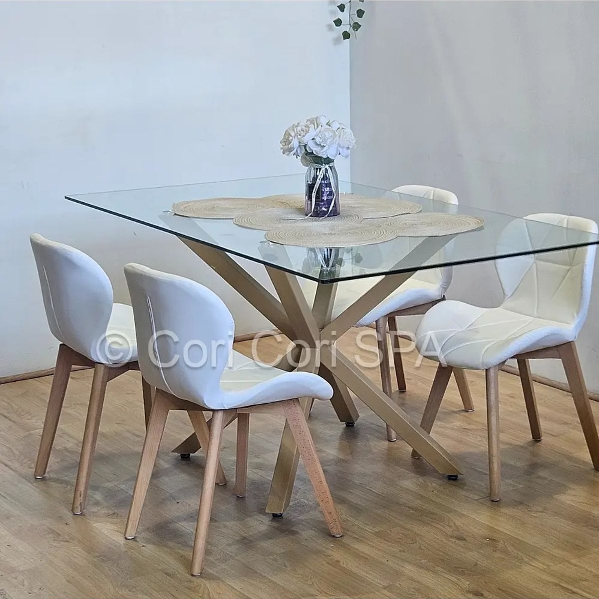 CORI CORI - Comedor Madrid 140x80cm + 4 Sillas Mariposa Ecocuero Wood Blanco