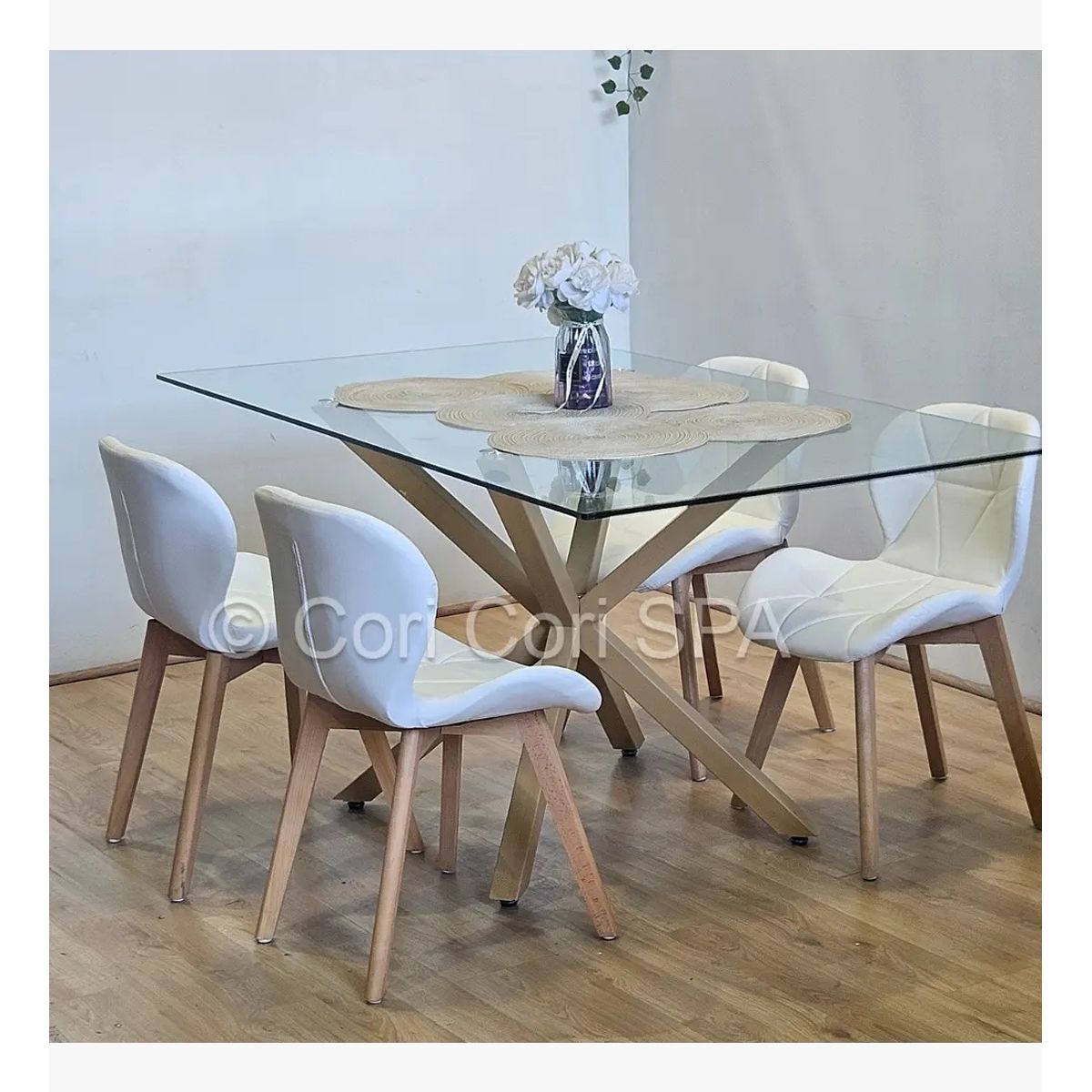 CORI CORI - Comedor Madrid 140x80cm + 4 Sillas Mariposa Ecocuero Wood Blanco