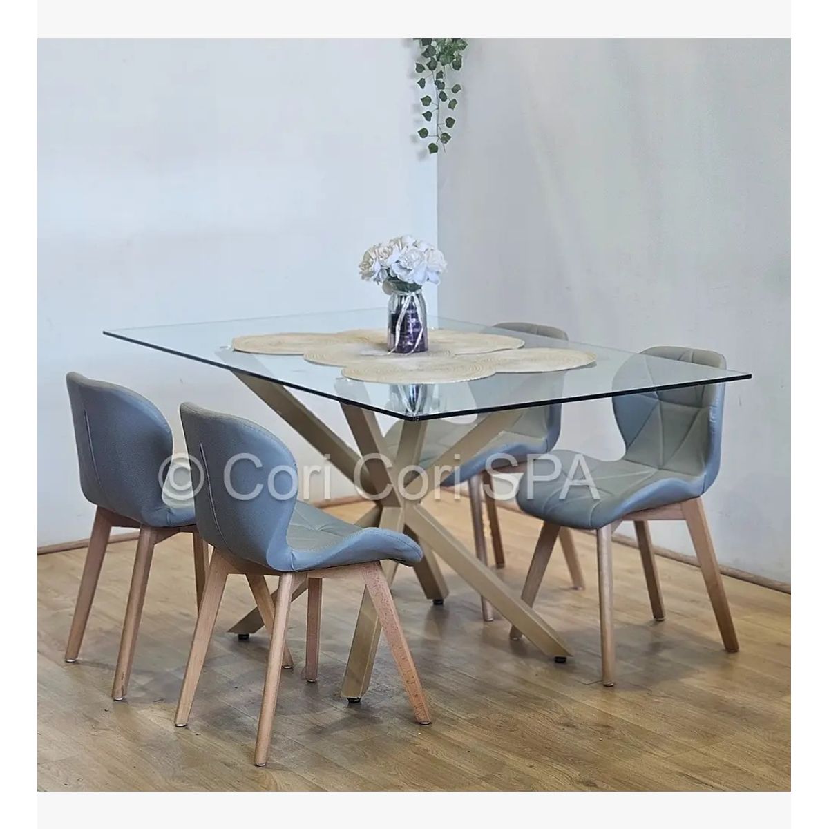 CORI CORI - Comedor Madrid 140x80cms + 4 Sillas Mariposa Ecocuero Wood Gris