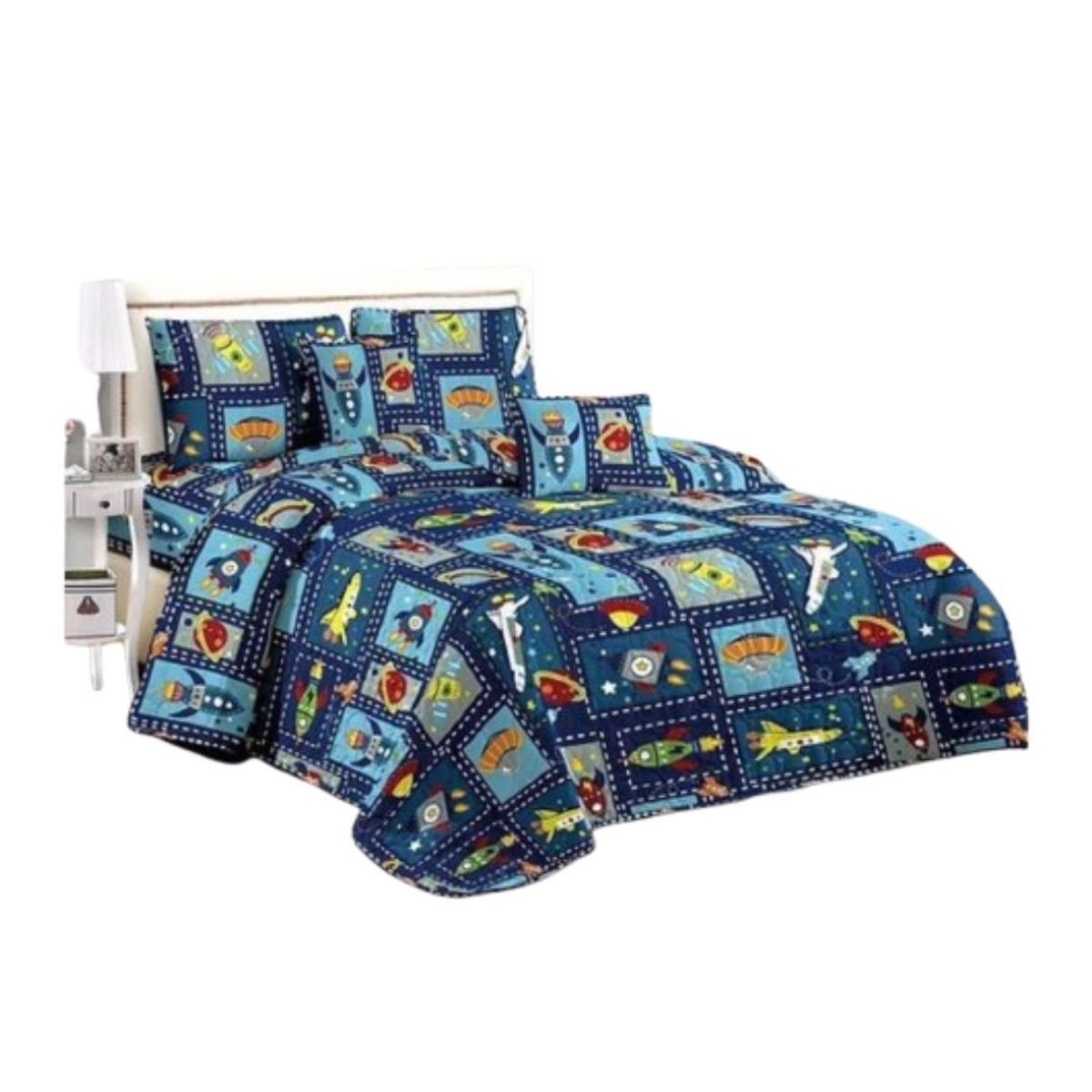 GENERICO - Cubrecama Quilt Verano 1.5 Plazas - Azul Naves Espaciales KFL803