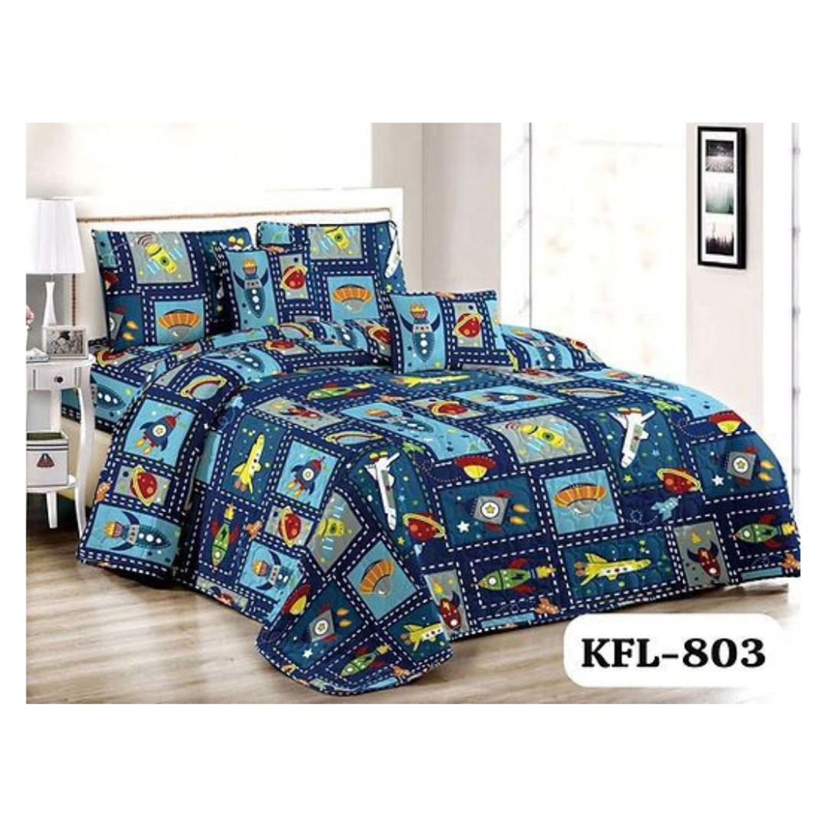 GENERICO - Cubrecama Quilt Verano 1.5 Plazas - Azul Naves Espaciales KFL803