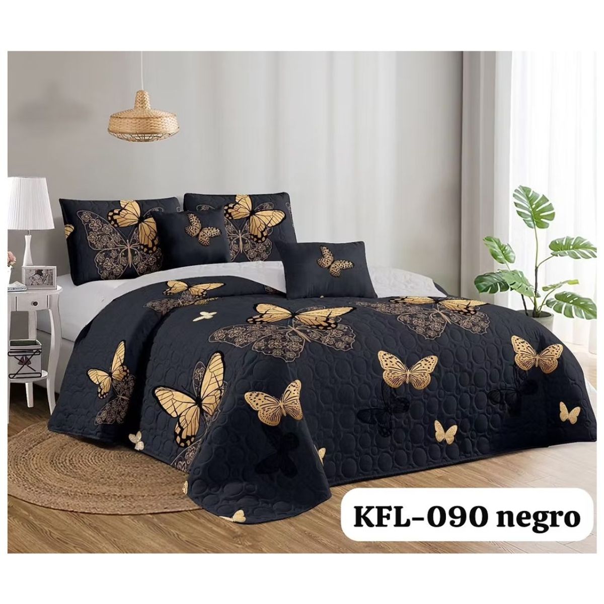 GENERICO - Cubrecama Quilt Verano 1.5 Plazas - Negro Mariposa KFL090