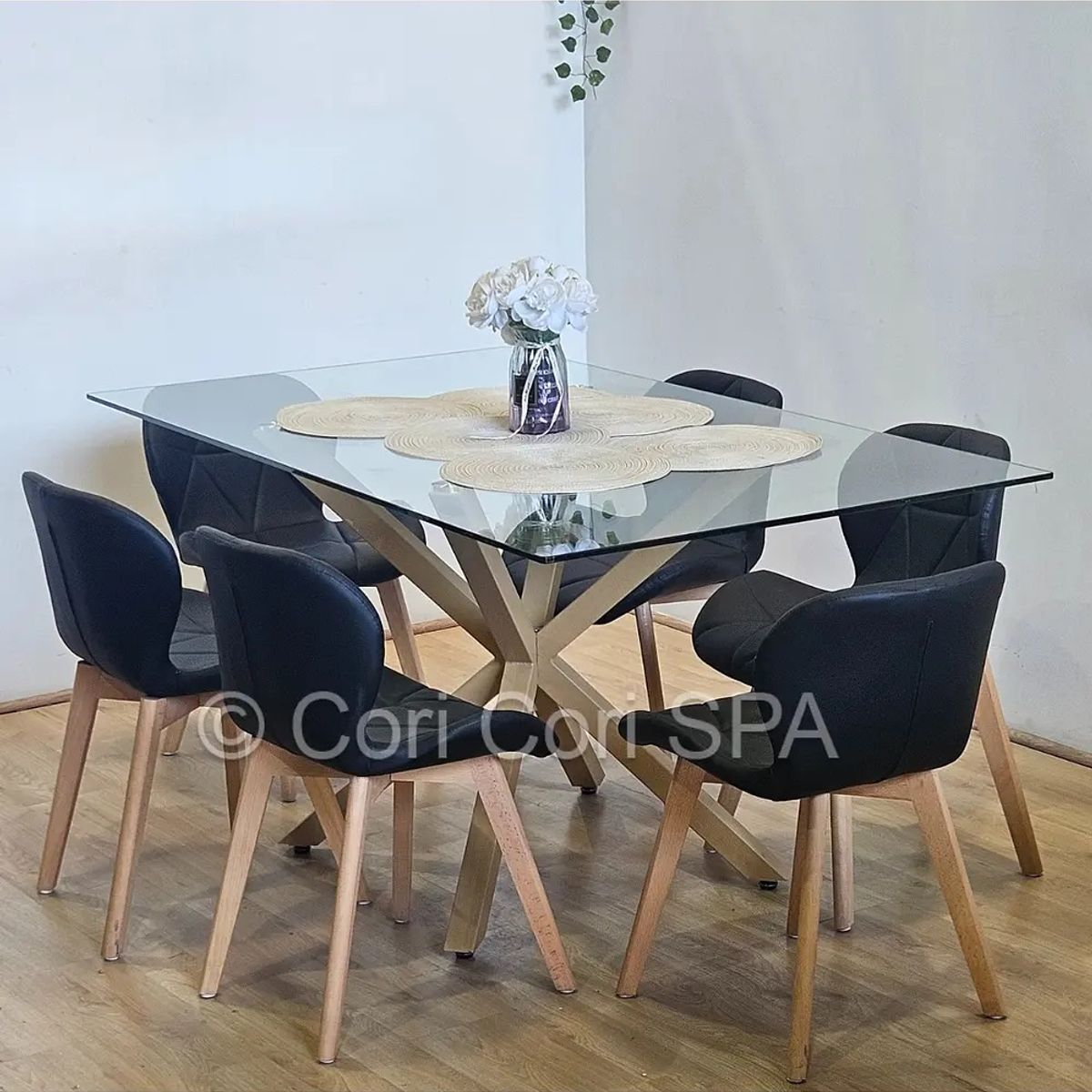 CORI CORI - Comedor Madrid Vidrio 140x80cm + 6 Sillas Mariposa Ecocuero Wood Negro…