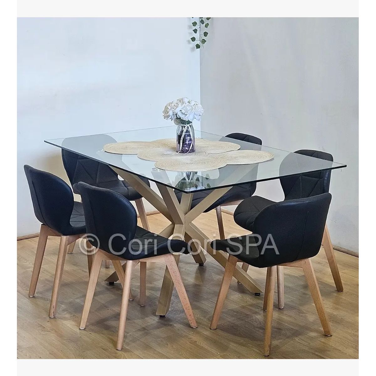 CORI CORI - Comedor Madrid Vidrio 140x80cm + 6 Sillas Mariposa Ecocuero Wood Negro…