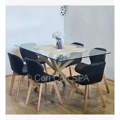 CORI CORI - Comedor Madrid Vidrio 140x80cm + 6 Sillas Mariposa Ecocuero Wood Negro