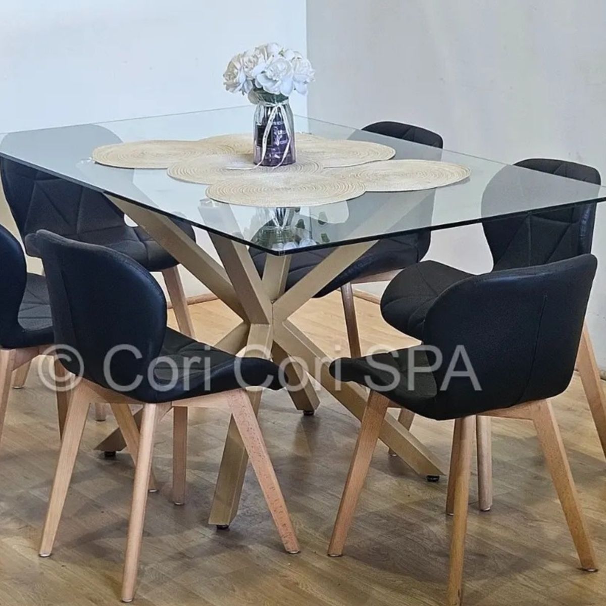 CORI CORI - Comedor Madrid Vidrio 140x80cm + 6 Sillas Mariposa Ecocuero Wood Negro…