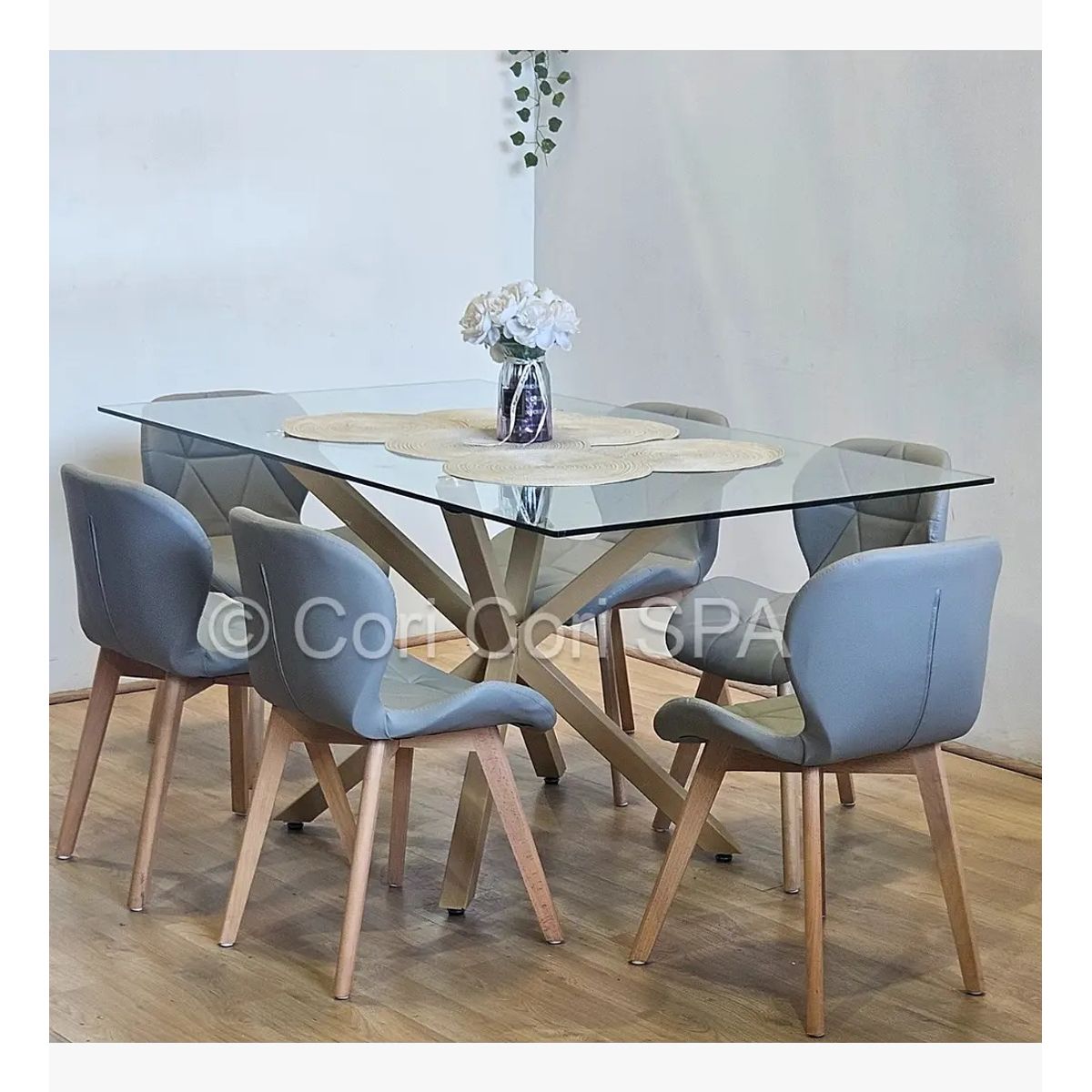 CORI CORI - Comedor Madrid Vidrio 140x80cms + 6 Sillas Mariposa Ecocuero Wood Gris