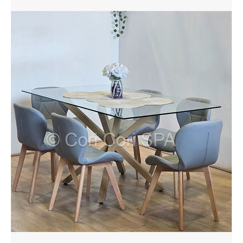 GENERICO - Comedor Madrid Vidrio 140x80cms + 6 Sillas Mariposa Ecocuero Wood Gris